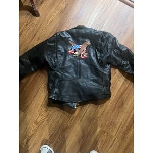 Superior Vintage Leather Biker Jacket With Eagle USA Patch, Size Medium